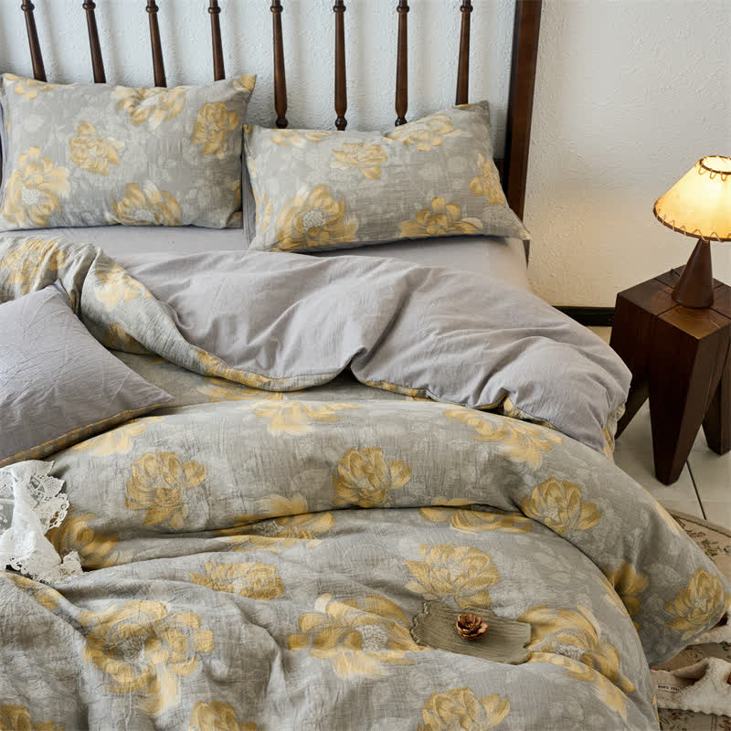 Set di biancheria da letto floreale neutro in garza di cotone (4 pezzi)