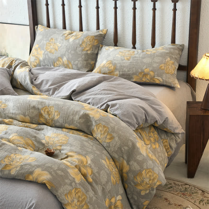 Set di biancheria da letto floreale neutro in garza di cotone (4 pezzi)