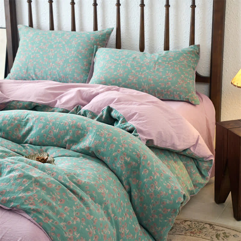 Set copripiumino in garza jacquard floreale (4 pezzi)