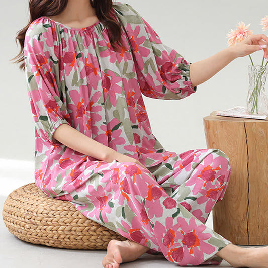 Completo da casa con stampa floreale e botanica taglie forti