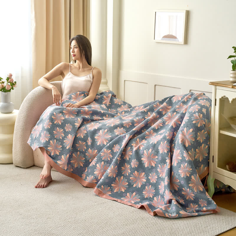 Coperta jacquard tinta in filo in garza di cotone floreale