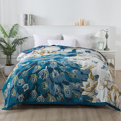 Coperta comoda in garza di cotone jacquard con motivo a pavone