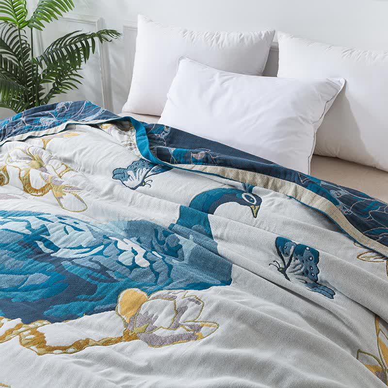 Coperta comoda in garza di cotone jacquard con motivo a pavone