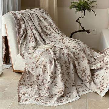 Coperta reversibile con nappe in garza di cotone floreale vintage