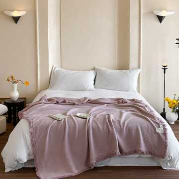 Coperta in garza di cotone con nappe in tinta unita semplice - Rosa chiaro - 150cm x200cm - image 0