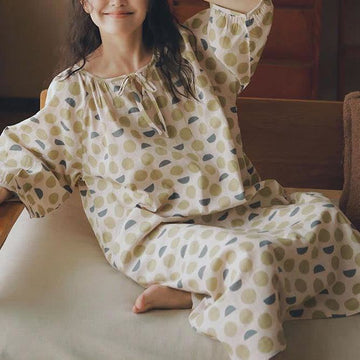 Camicia da notte in garza di cotone geometrica a scollo tondo