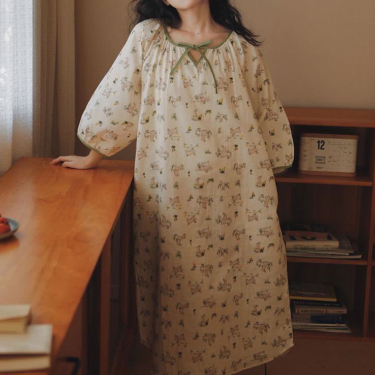 Camicia da notte morbida in garza di cotone di coniglio rurale
