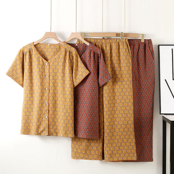 Pigiama in garza di cotone jacquard vintage con scollo a V