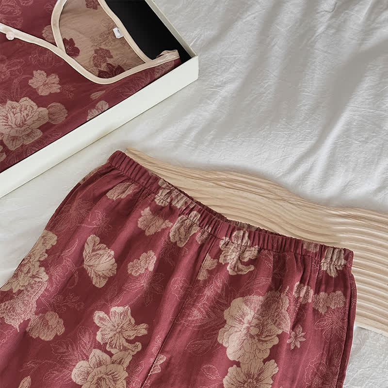 Completo da notte in garza di cotone jacquard floreale vintage