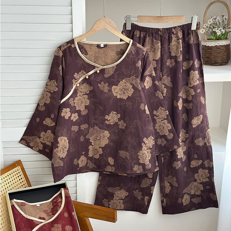 Completo da notte in garza di cotone jacquard floreale vintage
