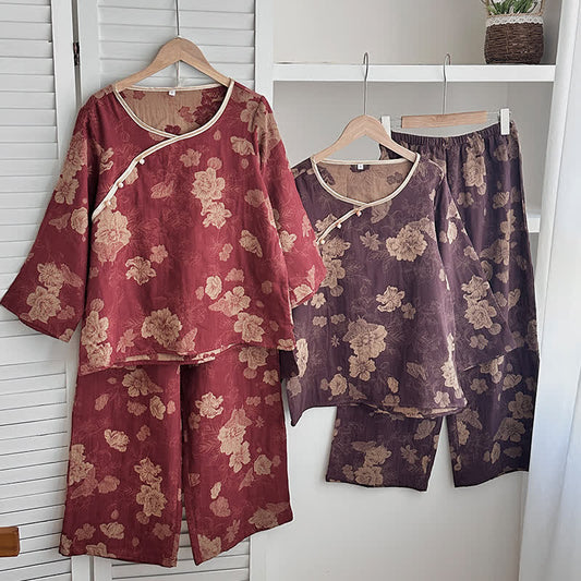Completo da notte in garza di cotone jacquard floreale vintage