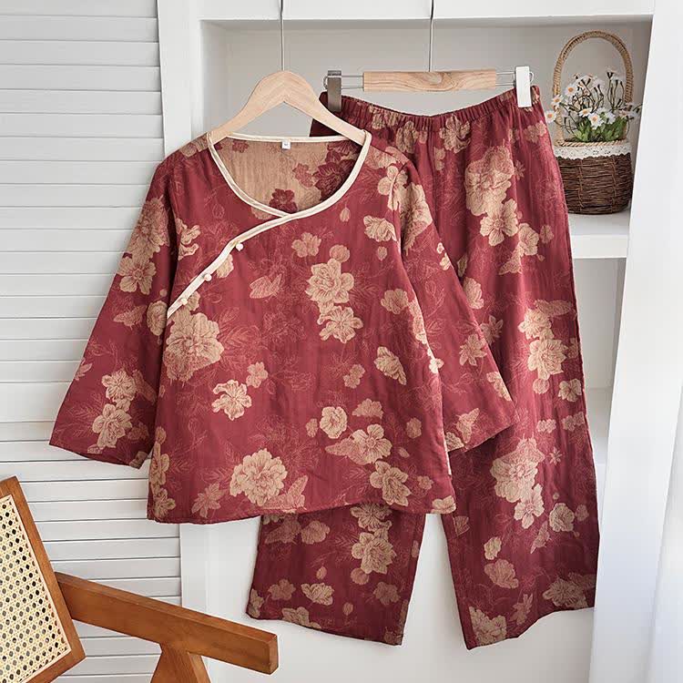 Completo da notte in garza di cotone jacquard floreale vintage