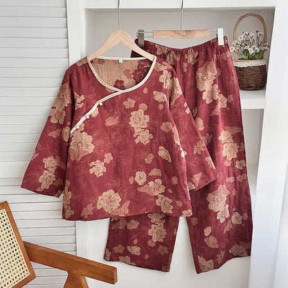 Completo da notte in garza di cotone jacquard floreale vintage