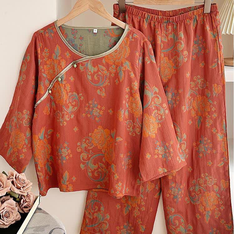 Pigiama casual in garza di cotone jacquard retrò