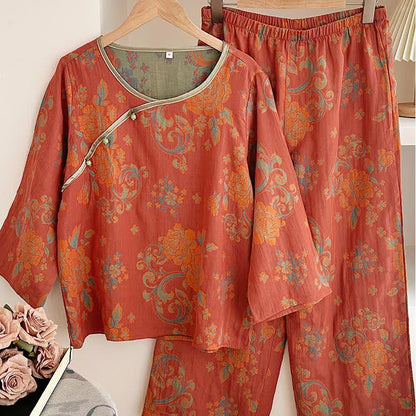 Pigiama casual in garza di cotone jacquard retrò
