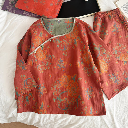 Pigiama casual in garza di cotone jacquard retrò
