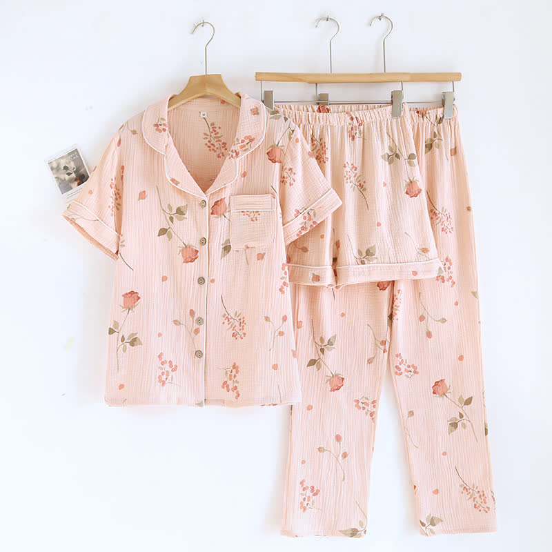 Pigiama in garza di cotone con cardigan Rural Rose (3 pezzi)
