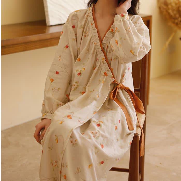 Camicia da notte rurale in garza di cotone color melograno