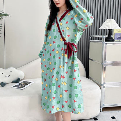 Camicia da notte kimono geometrica in garza di cotone taglie forti