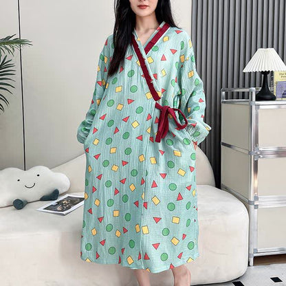 Camicia da notte kimono geometrica in garza di cotone taglie forti