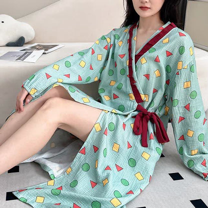 Camicia da notte kimono geometrica in garza di cotone taglie forti