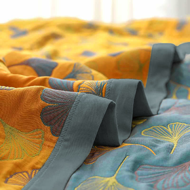 Trapunta reversibile in cotone con motivo a foglie di ginkgo