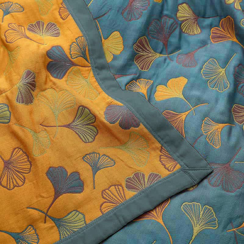 Trapunta reversibile in cotone con motivo a foglie di ginkgo