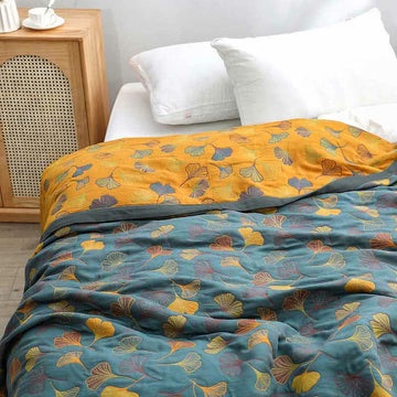 Trapunta reversibile in cotone con motivo a foglie di ginkgo - Grigio bluastro e arancione - Matrimoniale Grande - Trapunta - image 0