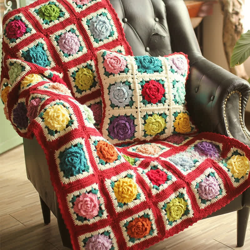 Coperta per divano all'uncinetto tessuta a mano Rural Rose