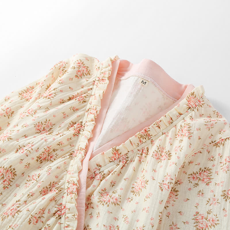 Camicia da notte a maniche lunghe in doppia garza di cotone floreale