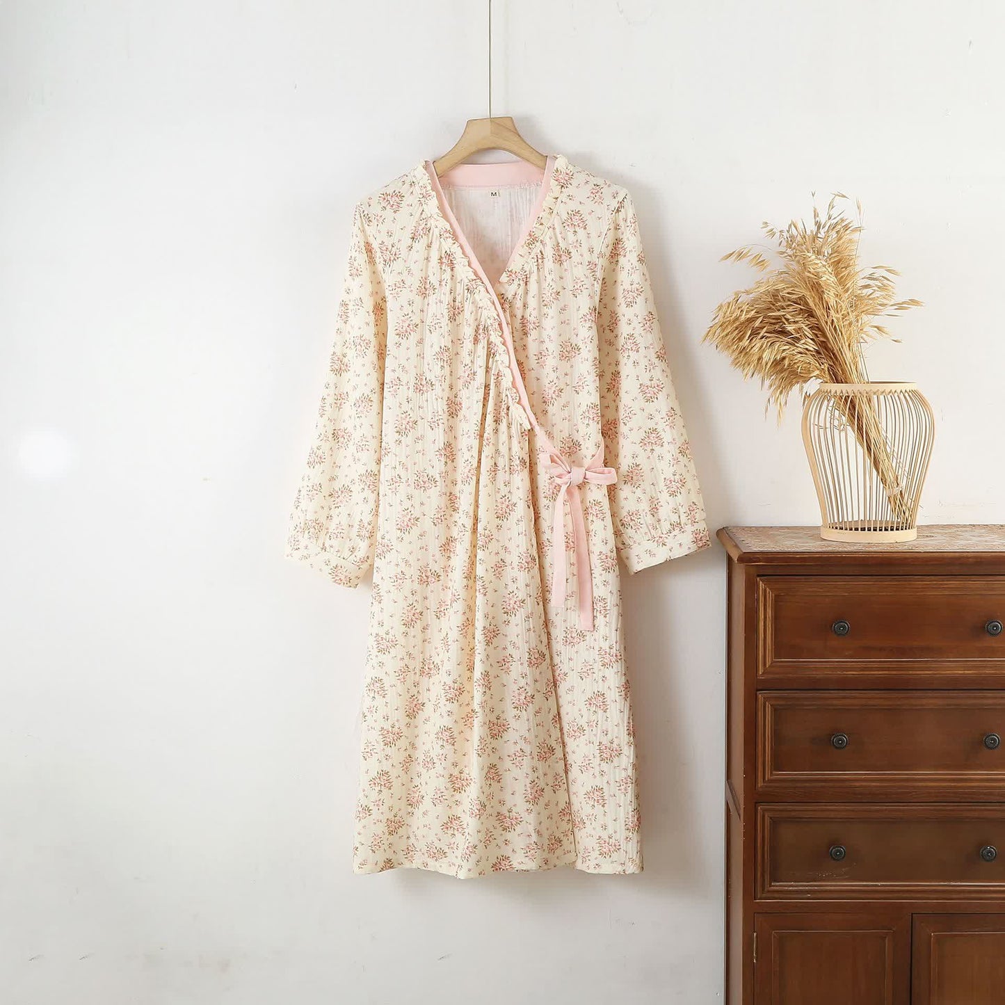 Camicia da notte a maniche lunghe in doppia garza di cotone floreale