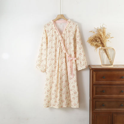 Camicia da notte a maniche lunghe in doppia garza di cotone floreale
