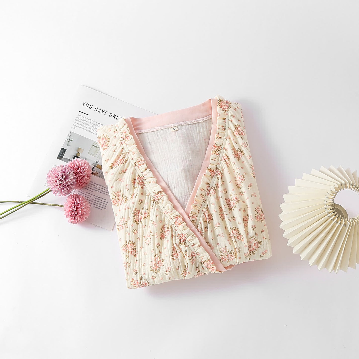Camicia da notte a maniche lunghe in doppia garza di cotone floreale