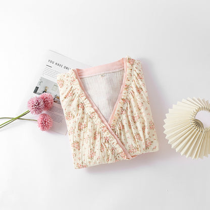 Camicia da notte a maniche lunghe in doppia garza di cotone floreale