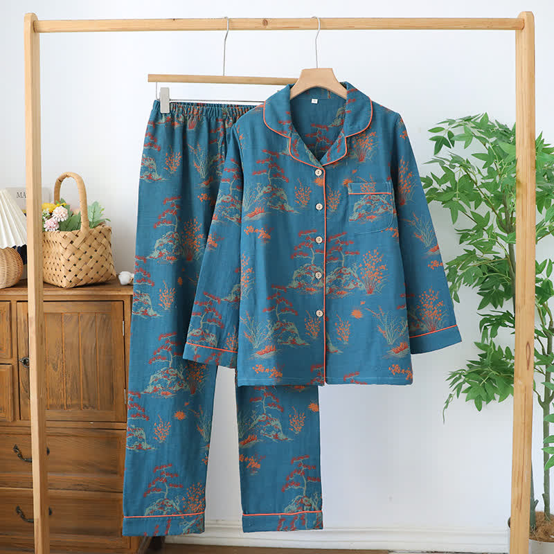 Completo da notte in cotone jacquard con motivo botanico in doppio filato