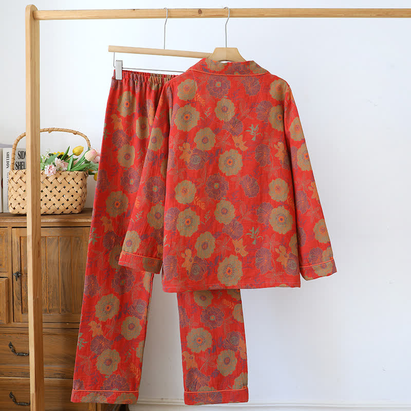 Completo da notte in puro cotone tinto in filo jacquard con motivo peonia