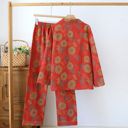 Completo da notte in puro cotone tinto in filo jacquard con motivo peonia