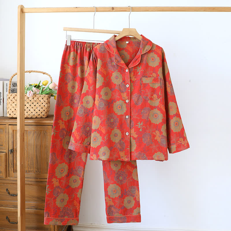 Completo da notte in puro cotone tinto in filo jacquard con motivo peonia