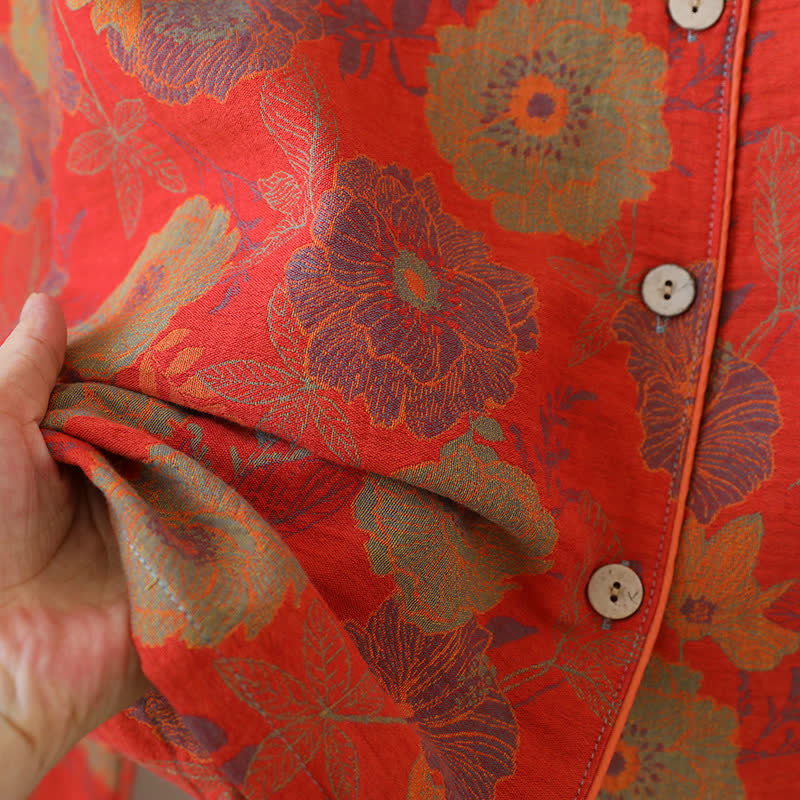 Completo da notte in puro cotone tinto in filo jacquard con motivo peonia