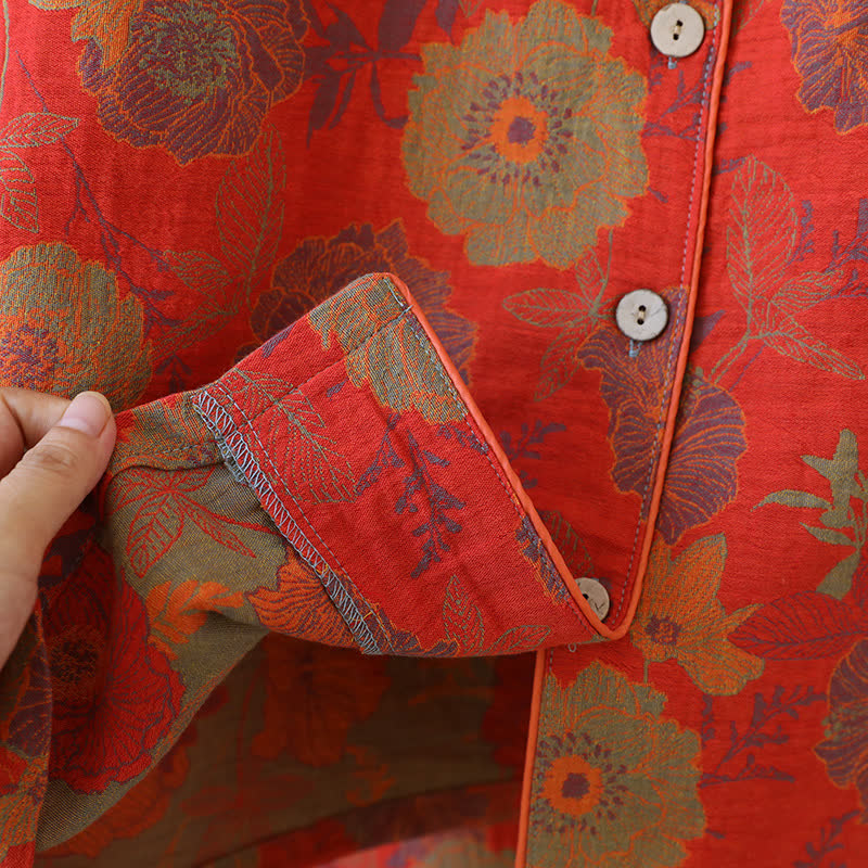 Completo da notte in puro cotone tinto in filo jacquard con motivo peonia