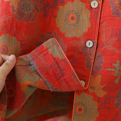 Completo da notte in puro cotone tinto in filo jacquard con motivo peonia