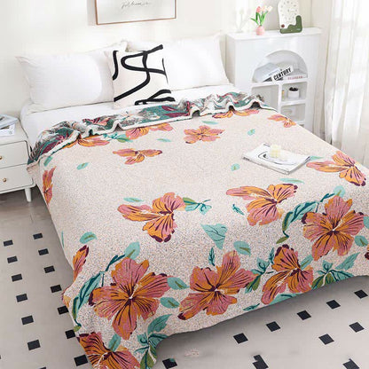 Trapunta reversibile in garza di cotone jacquard con motivo a fiori di pesco