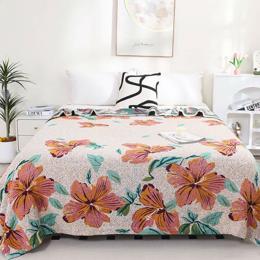 Trapunta reversibile in garza di cotone jacquard con motivo a fiori di pesco