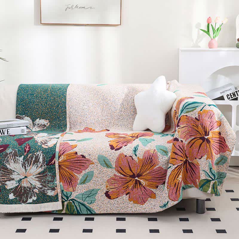 Trapunta reversibile in garza di cotone jacquard con motivo a fiori di pesco