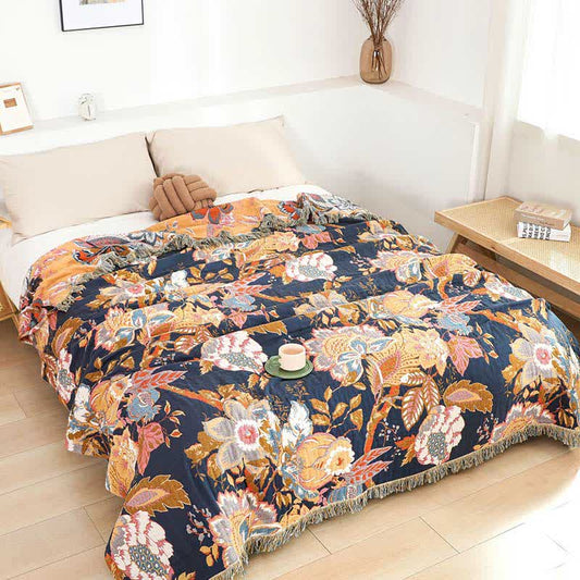 Trapunta reversibile in garza di cotone con rami di vite vintage