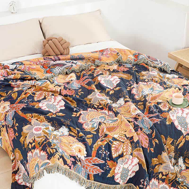 Trapunta reversibile in garza di cotone con rami di vite vintage