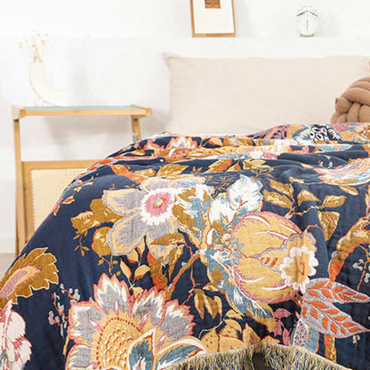 Trapunta reversibile in garza di cotone con rami di vite vintage