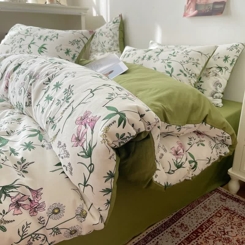 Set di biancheria da letto in cotone con rami floreali (4 pezzi)