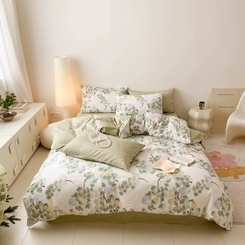 Set di biancheria da letto in cotone con stampa botanica fresca (4 pezzi)
