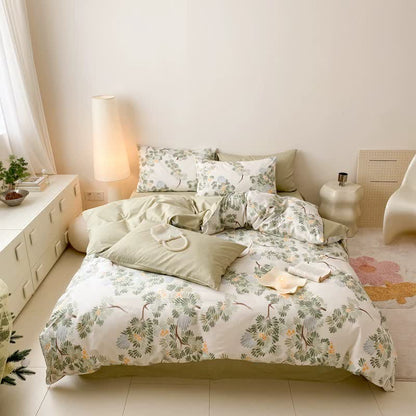 Set di biancheria da letto in cotone con stampa botanica fresca (4 pezzi)